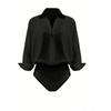 Women's Turn Down Collar 3/4 Sleeve V Neck Bodysuit Shirt Solid Color Blouse Top