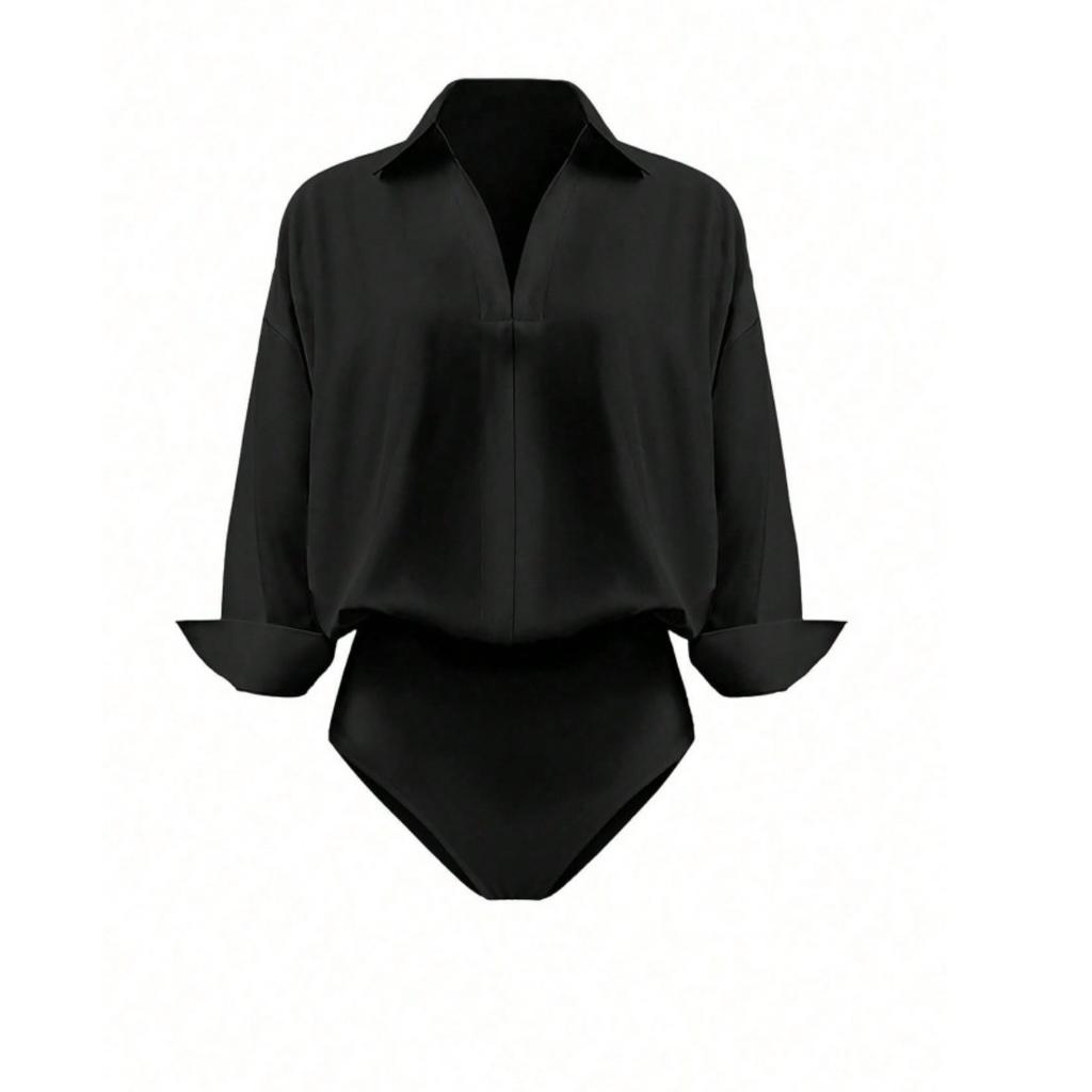 Women's Turn Down Collar 3/4 Sleeve V Neck Bodysuit Shirt Solid Color Blouse Top