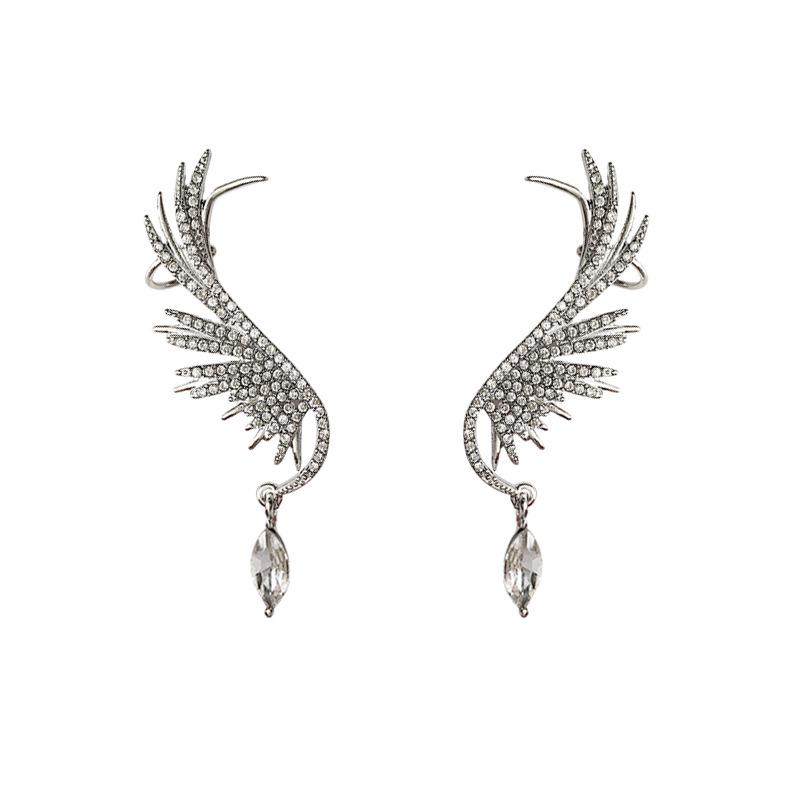 Single Korean Angel Wing Rhinestone Earrings Shiny Drill Arc Ear Hanging Clip Earrings for Women Unusual Ear Cuff Jewelry