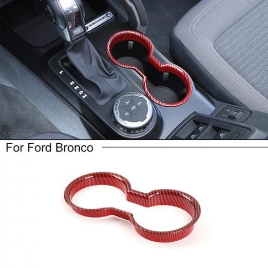 Front Water Cup Holder Cover Trim Frame For Ford Bronco + Red Carbon Fiber