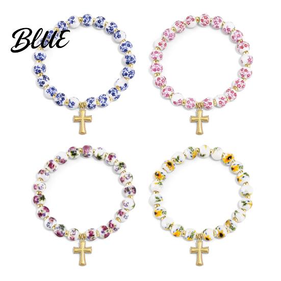Daily Wear Bracelet Women Blue White Ceramic Beads Decor Elastic