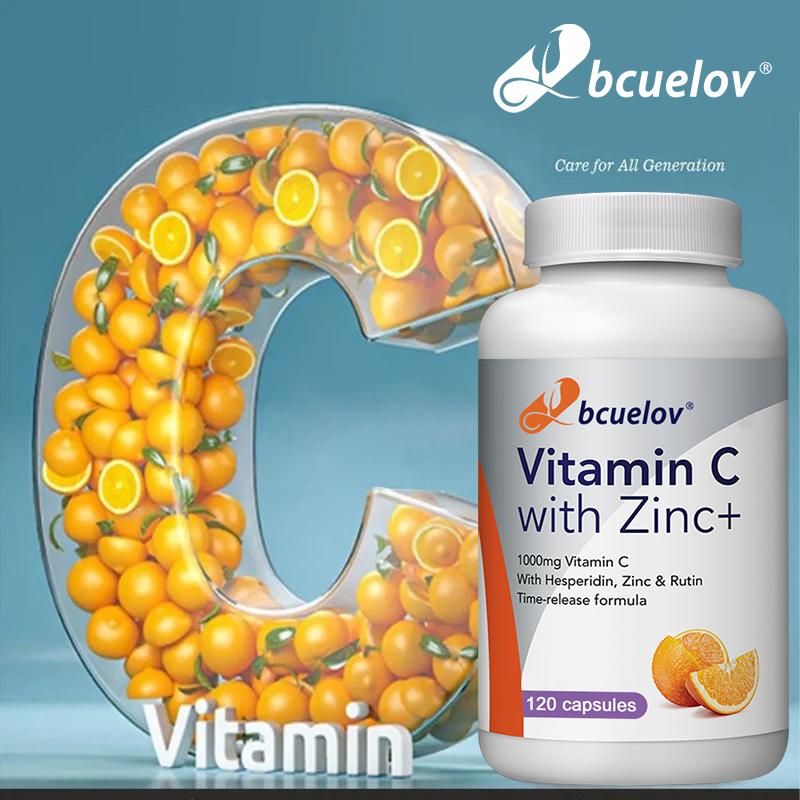 Bcuelov Vitamin C and Zinc Capsules contain 1000mg of Pioside to enhance immunity and brighten skin tone 120 capsules