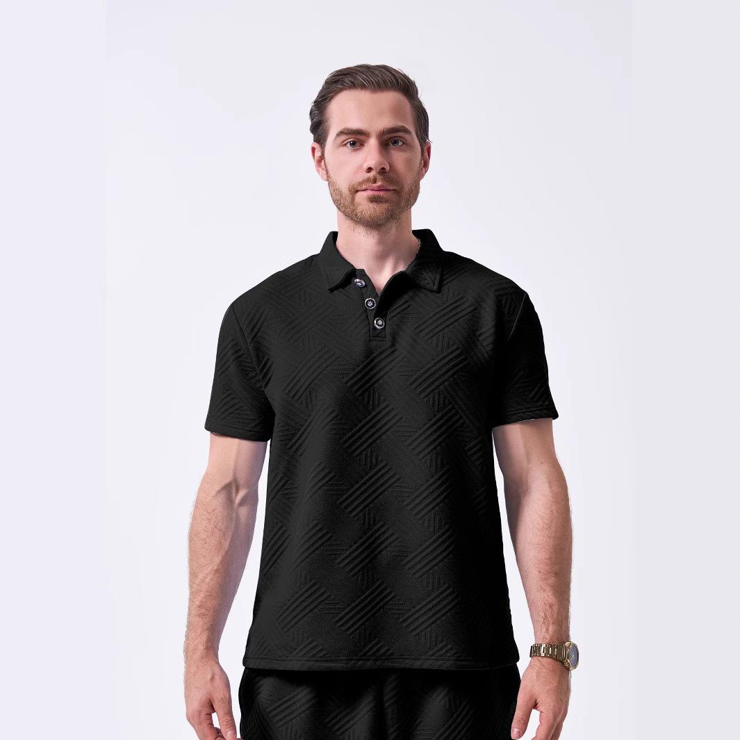 Men s New Summer Collection: Plain-coloured Jacquard Lapel-Collar Button-Up Outdoor Casual Short-Sleeved Polo Shirt S чёрный