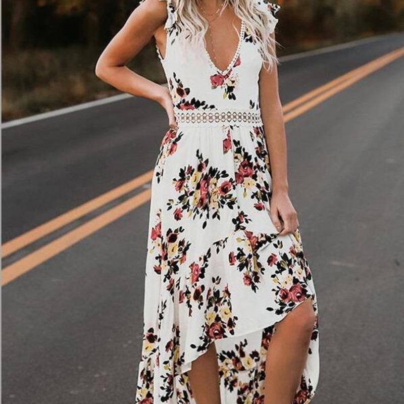 2026 New Women's Dress Sleeveless, Printed Irregular, Lace, Backless, Waist Cinching Long Gown Floral Print Dresses with Backless and Slit Design
