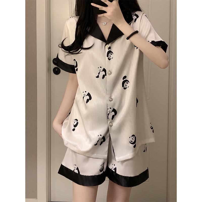 

Женский летний 2024 пижамный кардиган с коротким рукавом из ледяного шелка, комплект из двух предметов для дома и улицы L [Recommended 90-105 Jin]