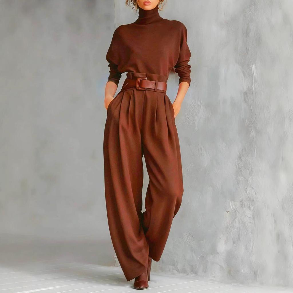 High Neck Long Sleeve & High Waist Wide Leg Pants Women's Two-Piece Set with Belt