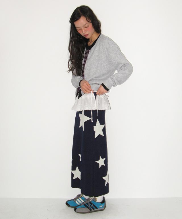 Ronron Star Pattern Banding Knit Long Skirt Navy