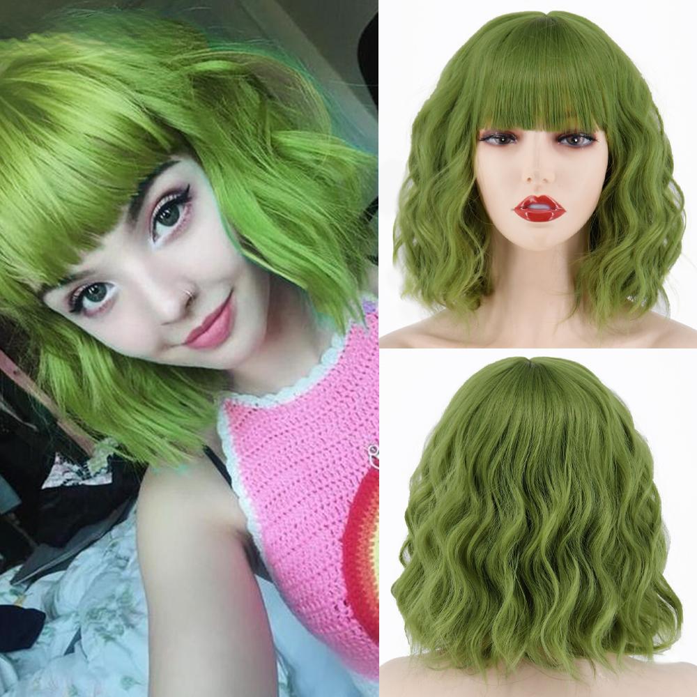 MERISIHAIR Brązowe krótkie peruki Bob Wave z grzywką Blond dla kobiet Naturalne odporne na ciepło syntetyczne peruki Codzienne noszenie Cosplay Kręcone włosy