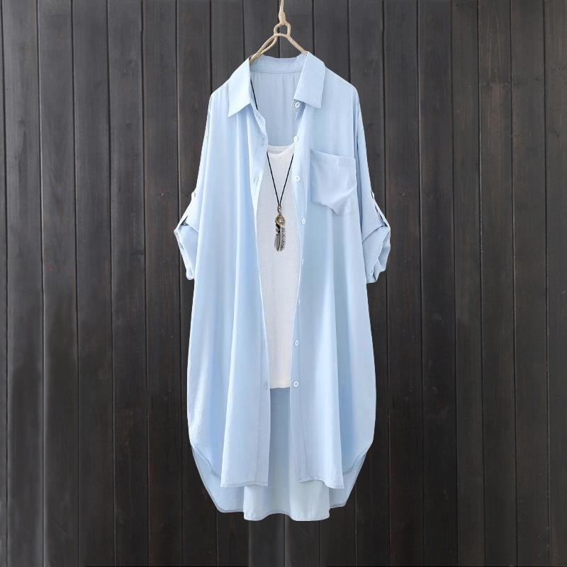 Women's Summer White Shirt: Artistic Loose-Fit, Mid-Length, Sun Protection, Thin Jacket with High-Low Hem.