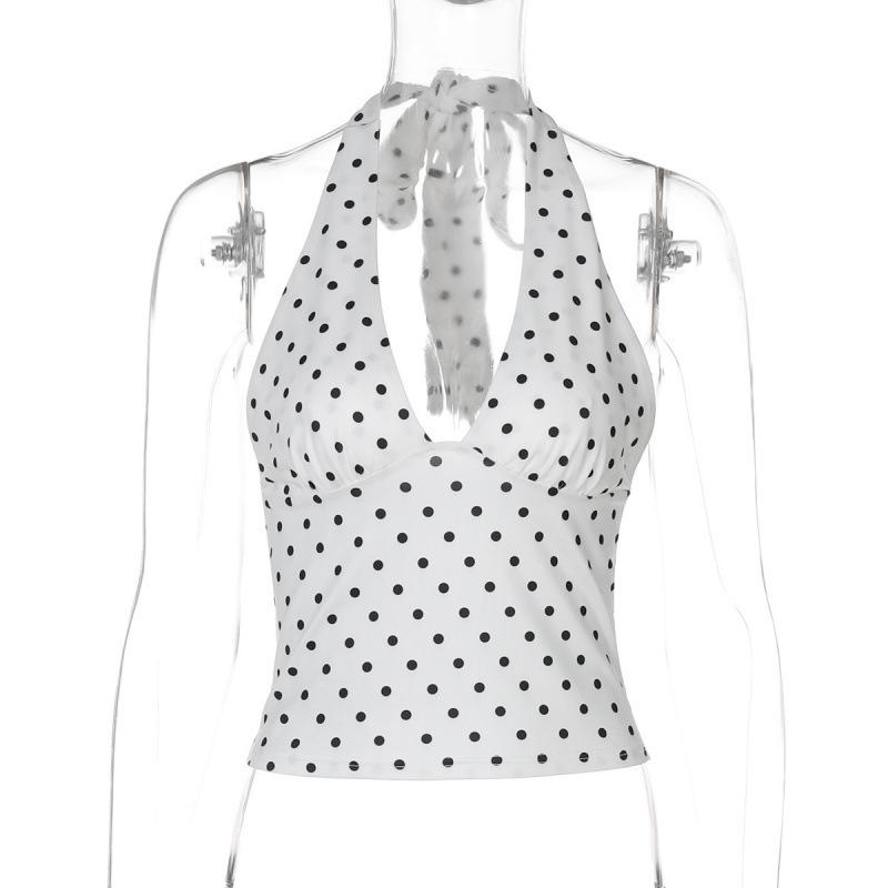 

Трендовый летний женский топ без спины с халтером и принтом в горошек, 2025 Medium белый