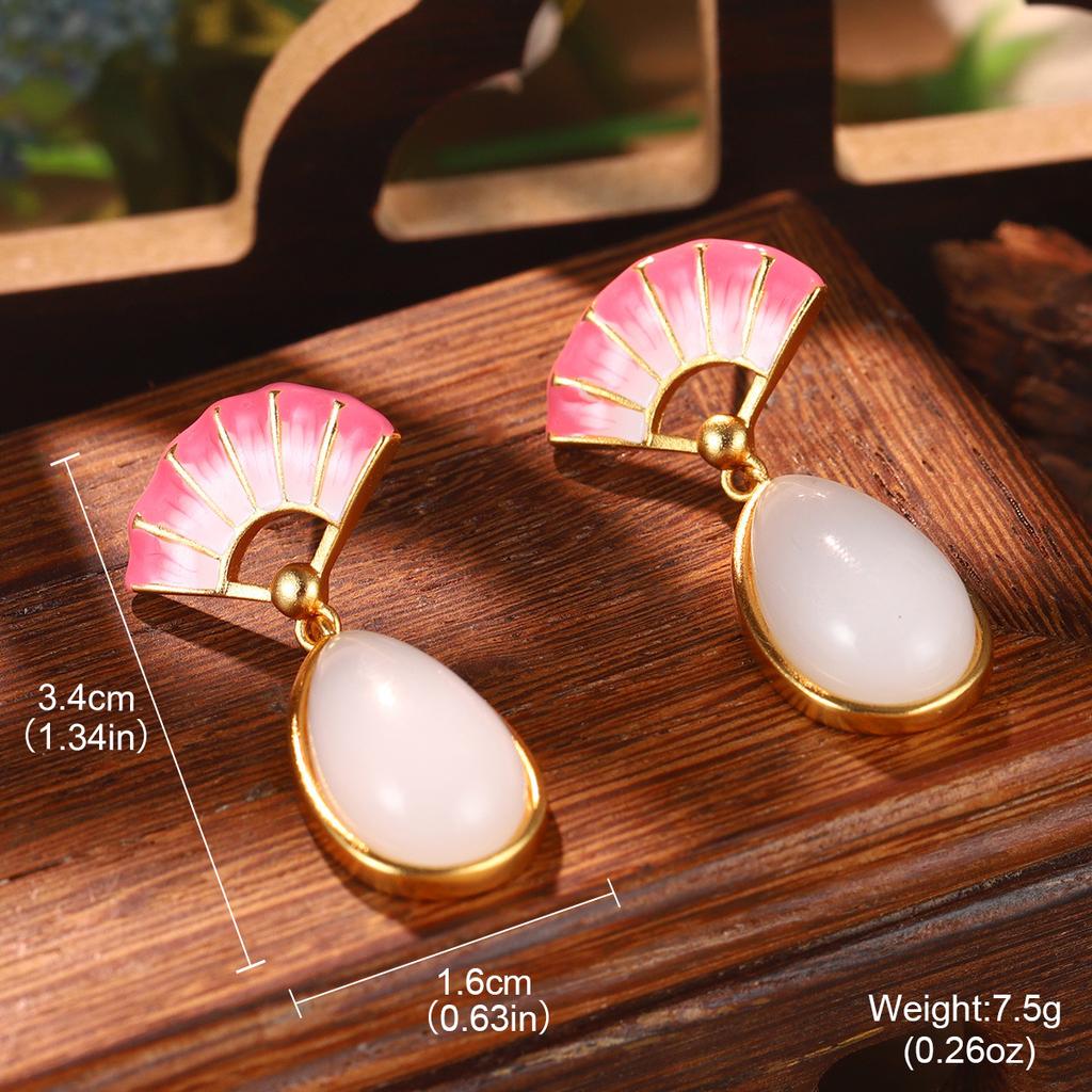 Antique new Chinese style flower fringed pearl earrings Hanfu accessories earrings imitation Hetian jade green agate temperament ear hook