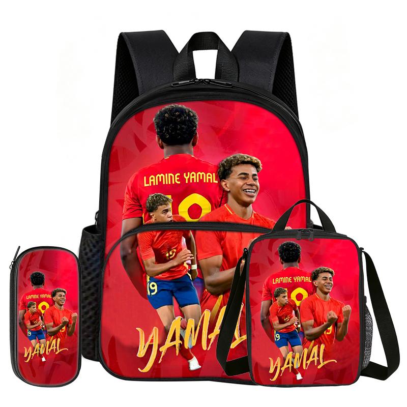 Learn, Travel Football Star School Bag L-Lamin Yamal 3 Pcs Set with Front Pocket Backpack Lunch Bag, Pencil Case, Sport Rucksack