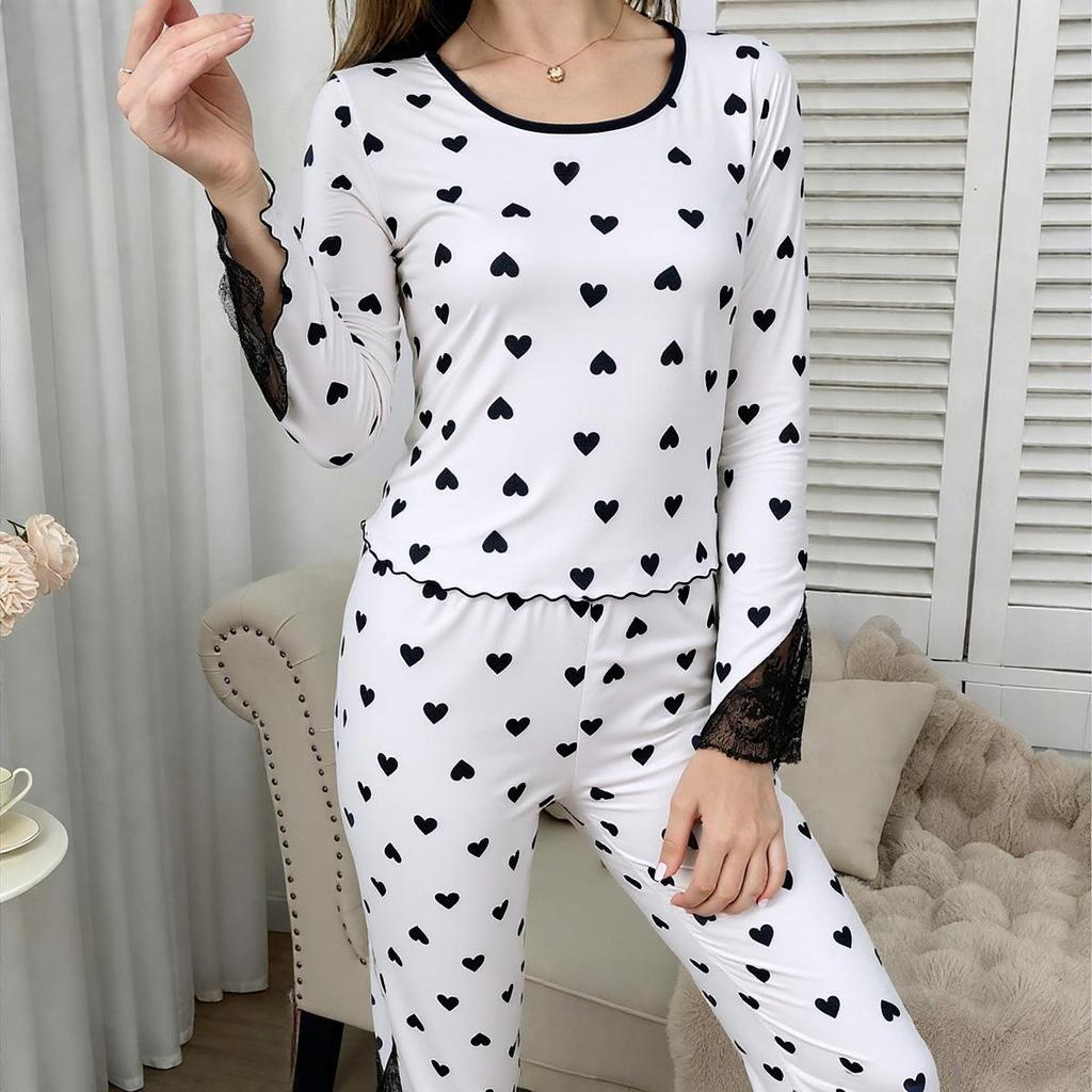 Women's Heart Print Pajama Set: Long Sleeve Top & Lace Trim Pants