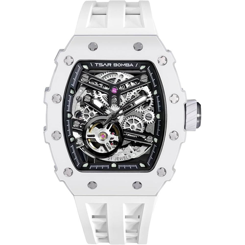Tsar Bomba Men's Automatic Watch Skeleton Design 5 ATM Water Resistant Barrel Case Silicone Strap
