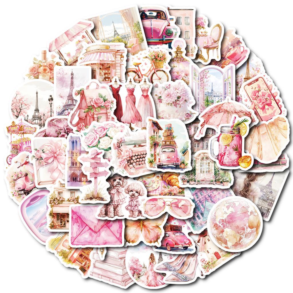 50 No Repeat Pink Retro Paris Items Waterproof Stickers DIY Mobile Case Skateboard Creative Manual Account