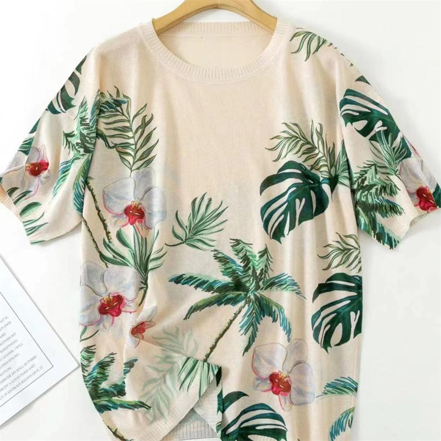 Dámské ležérní pletené topy do O s krátkým rukávem jarní pletené svetry s květinovým potiskem dámské prodyšné triko