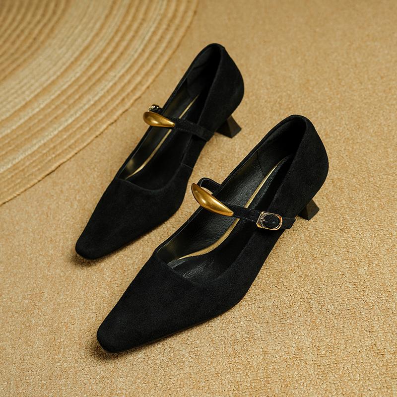 

Fashion 2025 Spring Women Pumps Med Heels Square Toe Shoes for Women Solid Mary Janes Kid Suede Party Shoes Ladies Shoes 34 чёрный