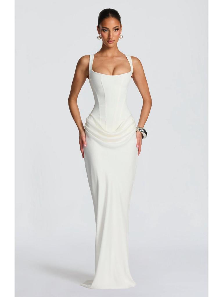 Women's Spring Slim Fishbone Strappy Long Dress - Solid Color Hip-Hugging Design