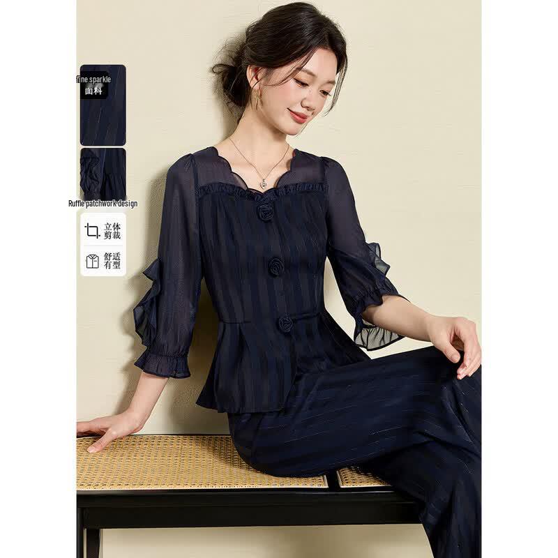 Women s Elegant Striped Two-Piece Commuter Set 4XL