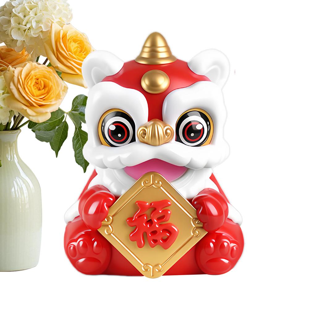 Cute Car Dashboard Figures Solar Powered Lion Dance Chinese New Year Table Decor Car Dashboard Decorations For Drivers