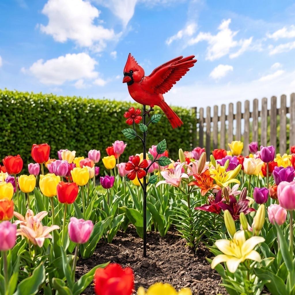 Wrought Red Bird Garden Stake - Rustic Outdoor Yard Decoration for and Patio
