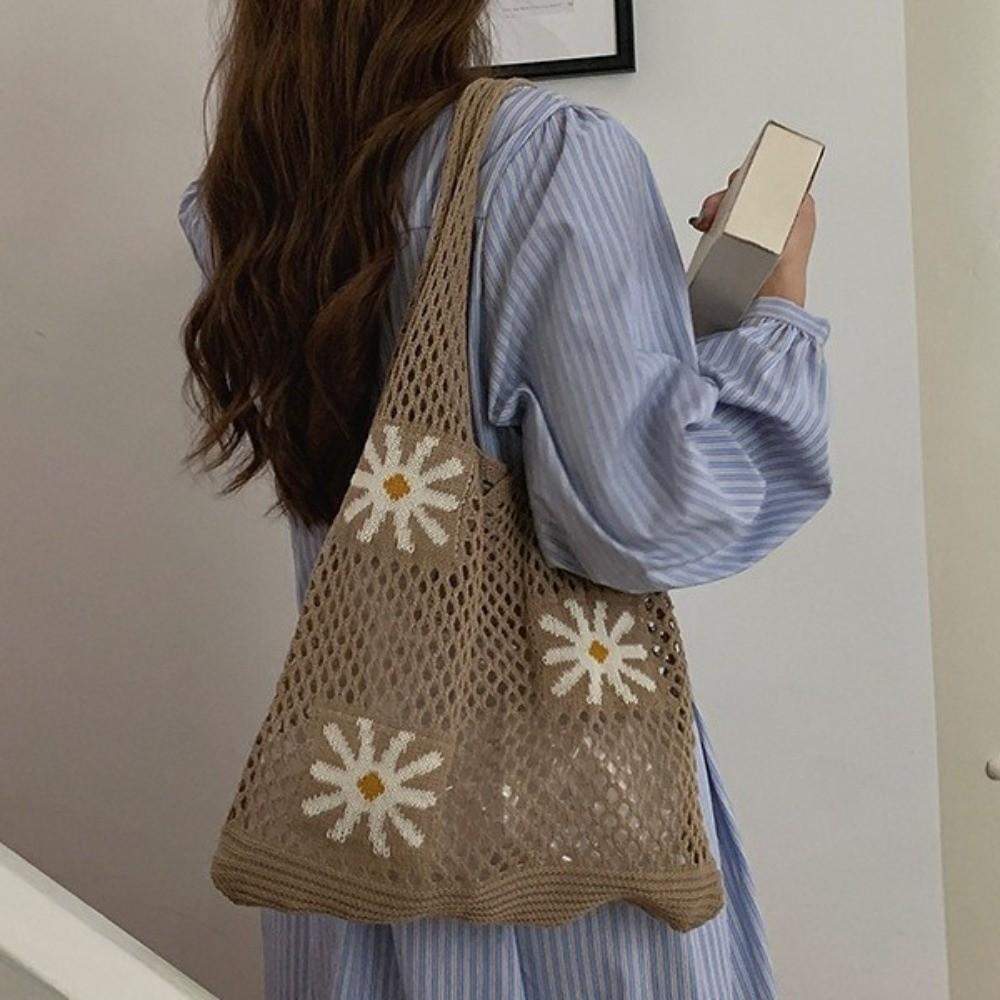 Flowers Pattern Crochet Tote Bag Retro Hollow Shoulder Bag Trendy Beach Knitting Bag Office