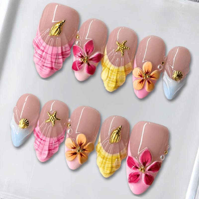 24 STUKS Zomer Kleurrijke Oceaan Amandel Nepnagels Schattige 3D Bloemen Kwallen Schelp Press on Nails Strand Vakantie Stijl Acryl Nagels