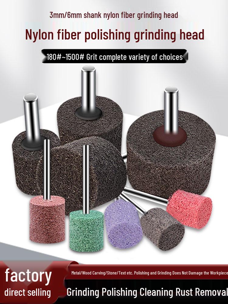 Nylon Fiber Polishing Wheel with Stainless Steel Wire, 3/6mm Shank for Electric Drill/Grinder, Pneumatic Grinding Head.