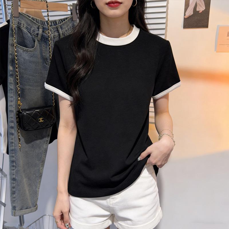 Two-tone round-neck short-sleeve t-shirt for women, 2026 new summer base shirt, slim-fit short top
