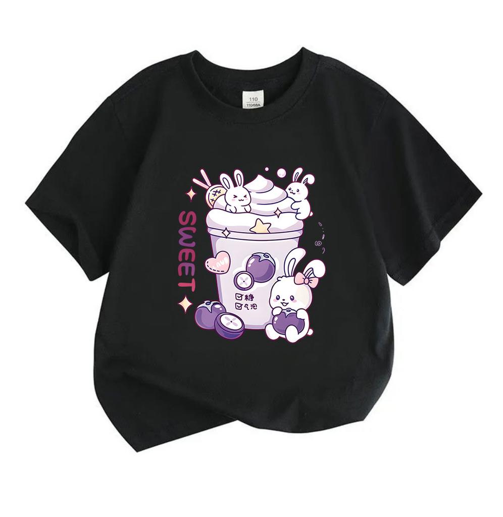Cartoon Cute White Bunnies Purple Mangosteen Sweet Print Kids 100% Cotton Crew Neck Short Sleeve T-Shirt, Casual Soft Breathable Tee for Boys Girls Da