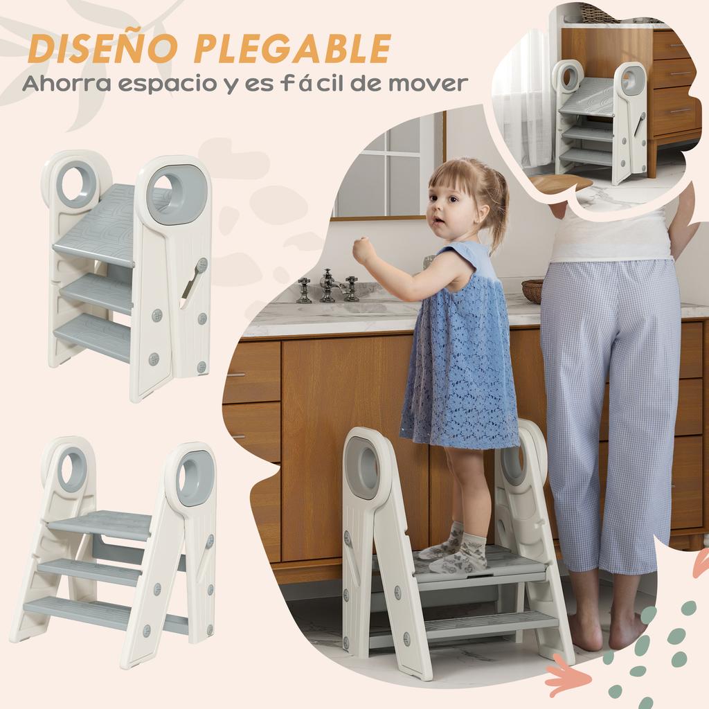 Adjustable Learning Tower Ladder for Children 18+ Months Non-Slip for Bathroom Kitchen Bookshelf Gray and White