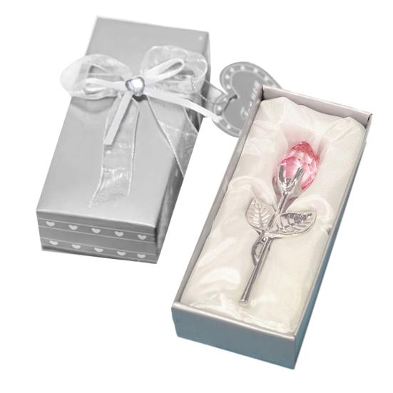 Faux Crystal Rose Flower Gift with Metal Stem Clear Flower Figurine with Gift Box