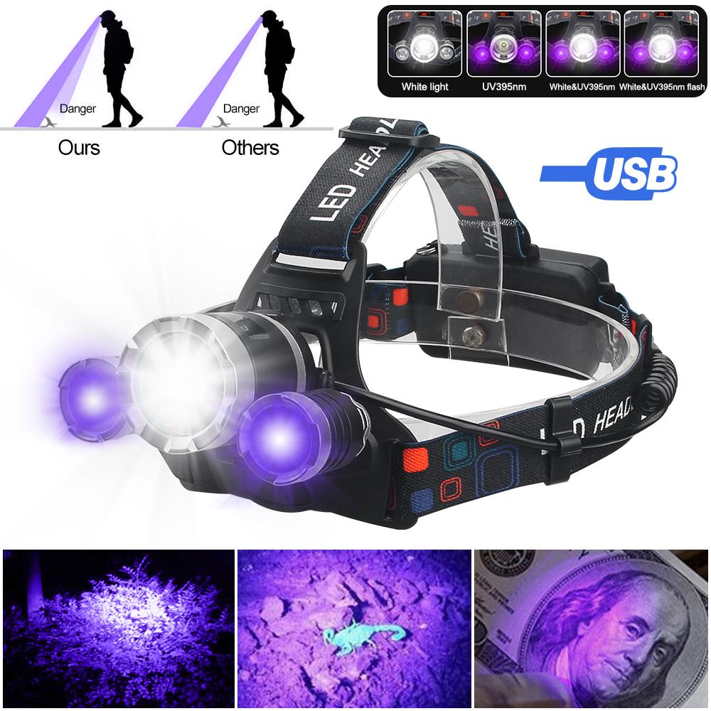 VASTFIRE New RGB LED Headlamp White Zoomable Fishing Headlight Green/UV 395NM Ultraviolet Head Torch Red/Blue Hunting Flashlight