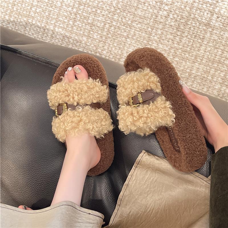 

Fashion Wool Slippers Women s Autumn and Winter New Muffin Thick Bottom To Increase Temperament One-word Cotton Slippers 35