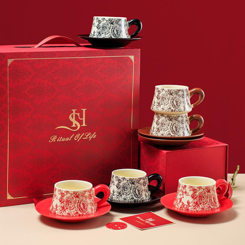 Rose Yan Yu Ceramic Coffee & Tea Cup Set with Saucer - High-End Gift Box Edition