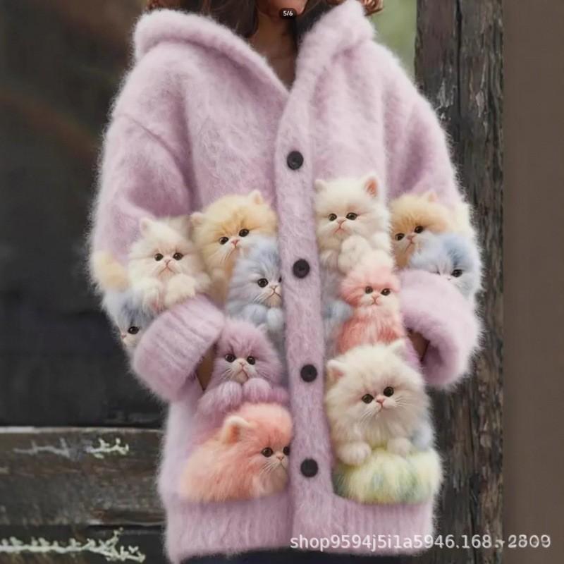Womens 3D Cat Print Hooded Cardigan Sweater Coat Long Sleeve Thick Casual Outerwear