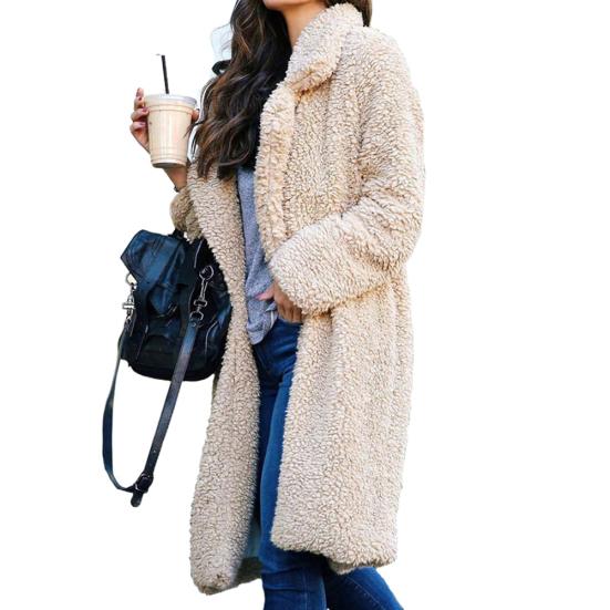 Women Winter Thicken Plush Lapel Solid Color Long Sleeve Warm Cardigan Midi