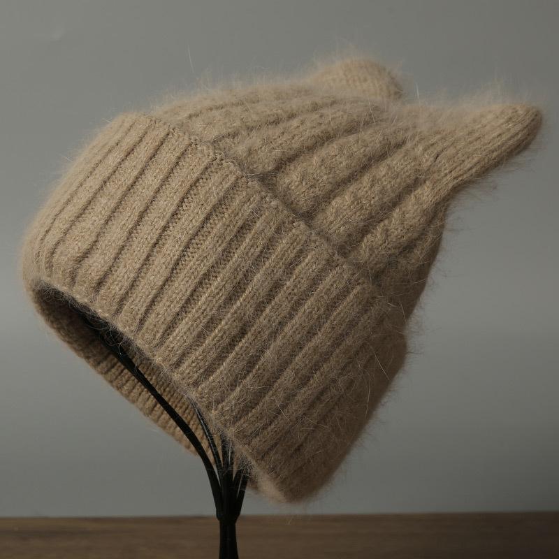 Angora rabbit fur hat autumn and winter knitted plush cat ear shape warm cute ladies casual hat