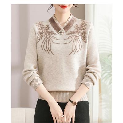 Solid Color Pullover V-neck Ironing Diamond Casual Elegant Sweater Fashion Top