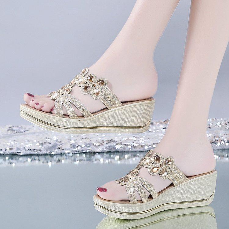 Fashion Summer Women Slippers Crystal Roman Style Round Toe Platform Outdoor Flip Flops Casual Daily Wedge High Heel Beach Sandal Slides