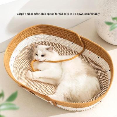 Katzenbett Korb Rund Handgeflochtenes Rattan Katzenbetten Sommer Kühlend Kätzchen Korb Baumwollseil Kratzkorb Schlafplatz für Haustiere