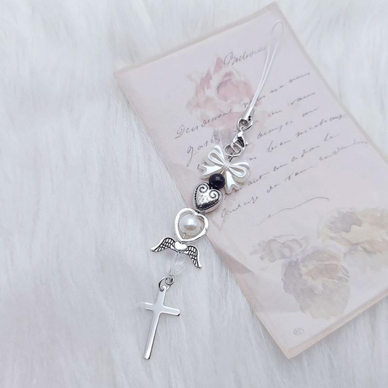Bowknot Heart Cross Hanging Pendant Sweet Cool Phone Strap Bag Decoration Portable Hanging Lanyard Gift for Girls Women