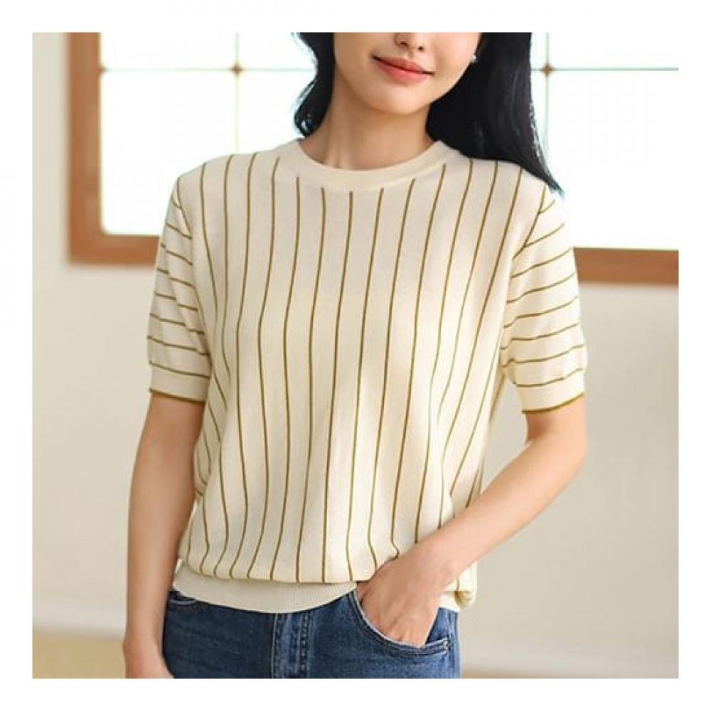 Navava Women Casual Stripe Thin Short Sleeve Knit Nk2086