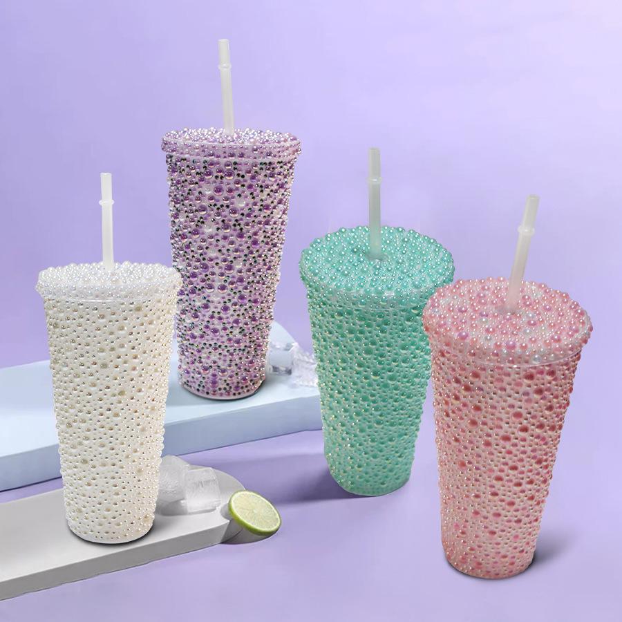 Rhinestone Cold Brew Coffee Cup: Double-Layered PS Straw Cup, Large Capacity, Perfect Gift for Women/Girls