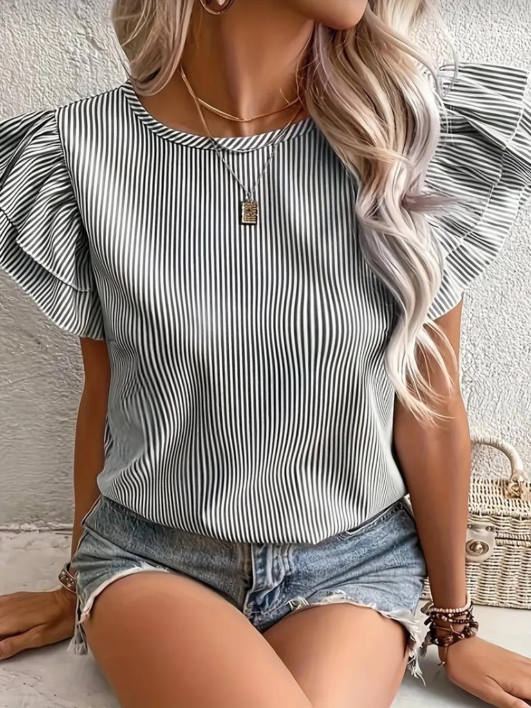 Women's Summer New Style Round Neck Striped Ruffles Sleeve Shirt Top