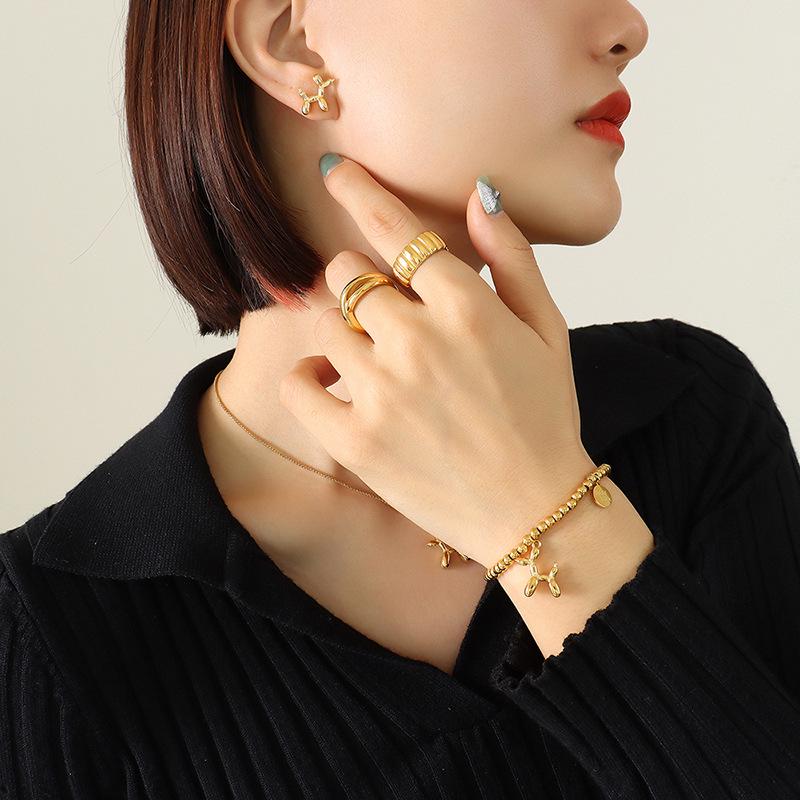 Cute Balloon Dog Clavicle Necklace & Earrings Set in Titanium Steel & 18K Gold