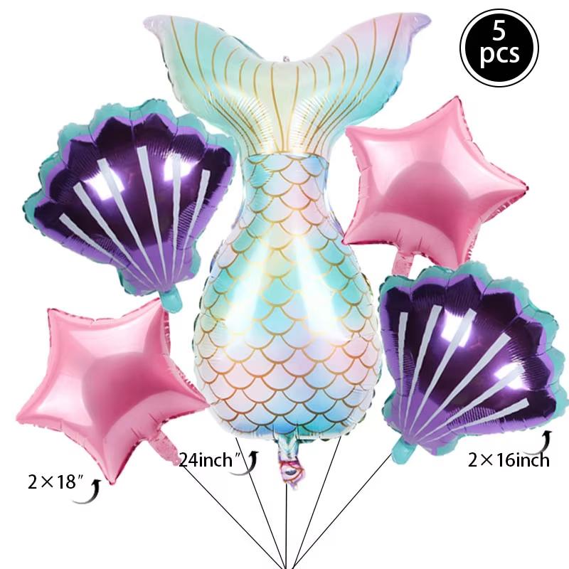 5pcs/set Mermaid Tail Shells Balloons Under the Deep Sea Mermaid Theme Party Decorations Baby Shower Girl Birthday Party Favors