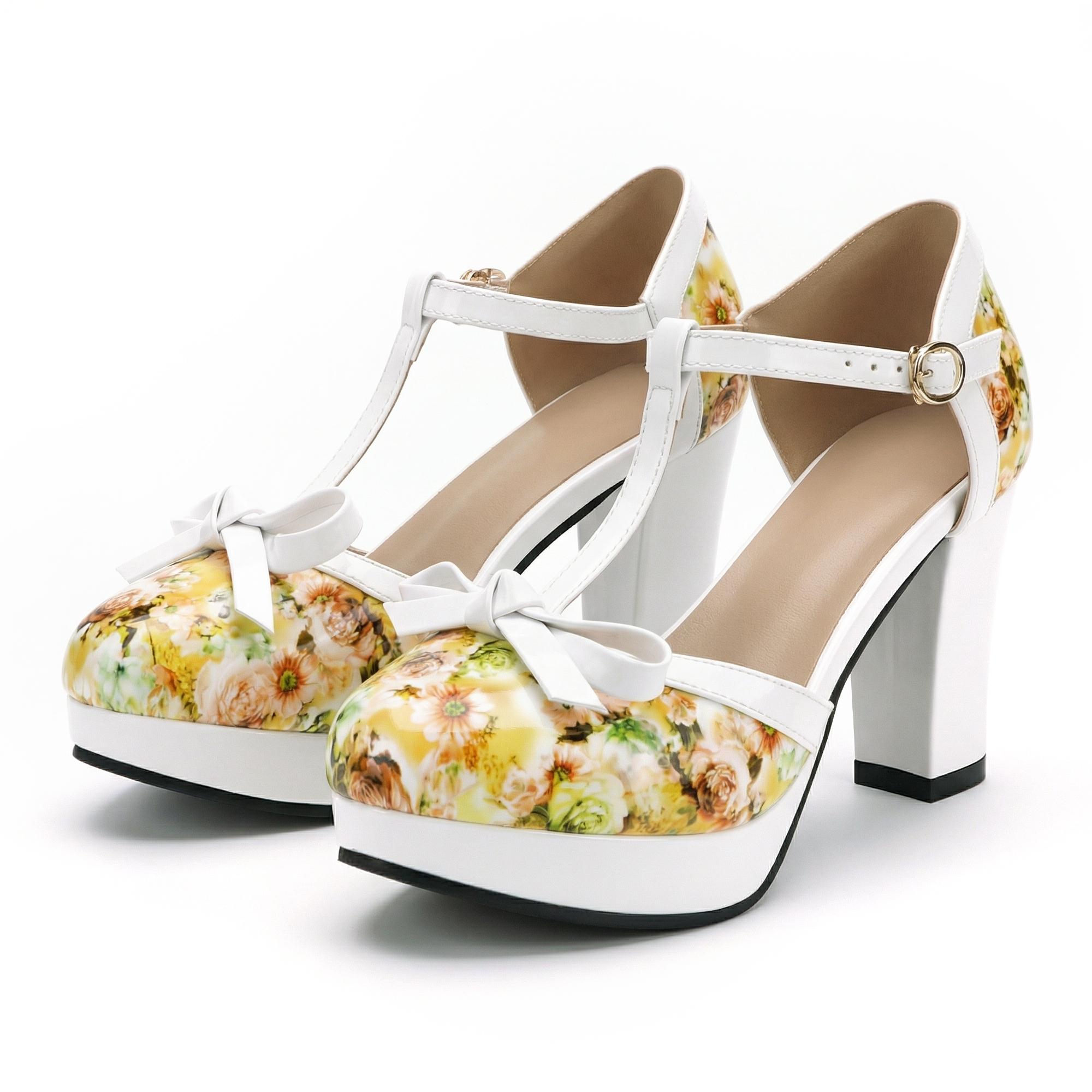 

Woman High Heel Sandals T Strap Bow Summer Platform Shoes 2026 New Ankle Strap Sweet Print Floral Closed Toe Walkwear 39 жовтий