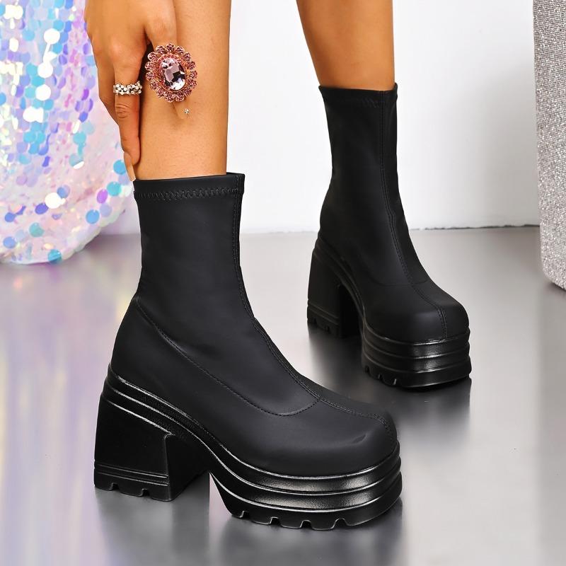 Fashion 10.5 Cm Chunky Heeled Sock Boots for Women Slip On Stretch Fahric Minimalist Platform Boots Goth Mid Calf Comfortable