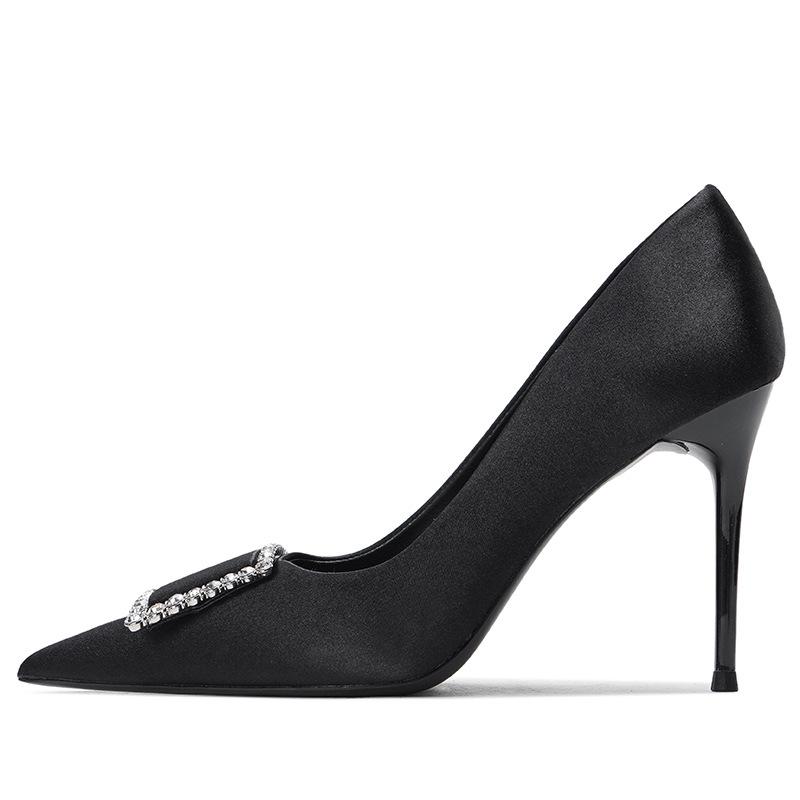 [Spot] French black high heels for women's 2025 new square buckle rhinestone sexy pointed temperament stiletto